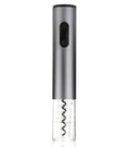 Silver automatic electric wine opener with foil cutter, aluminium alloy body, on a table next to a wine bottle
