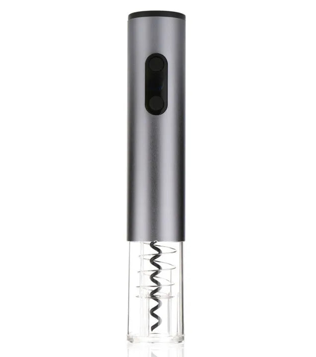 Silver automatic electric wine opener with foil cutter, aluminium alloy body, on a table next to a wine bottle