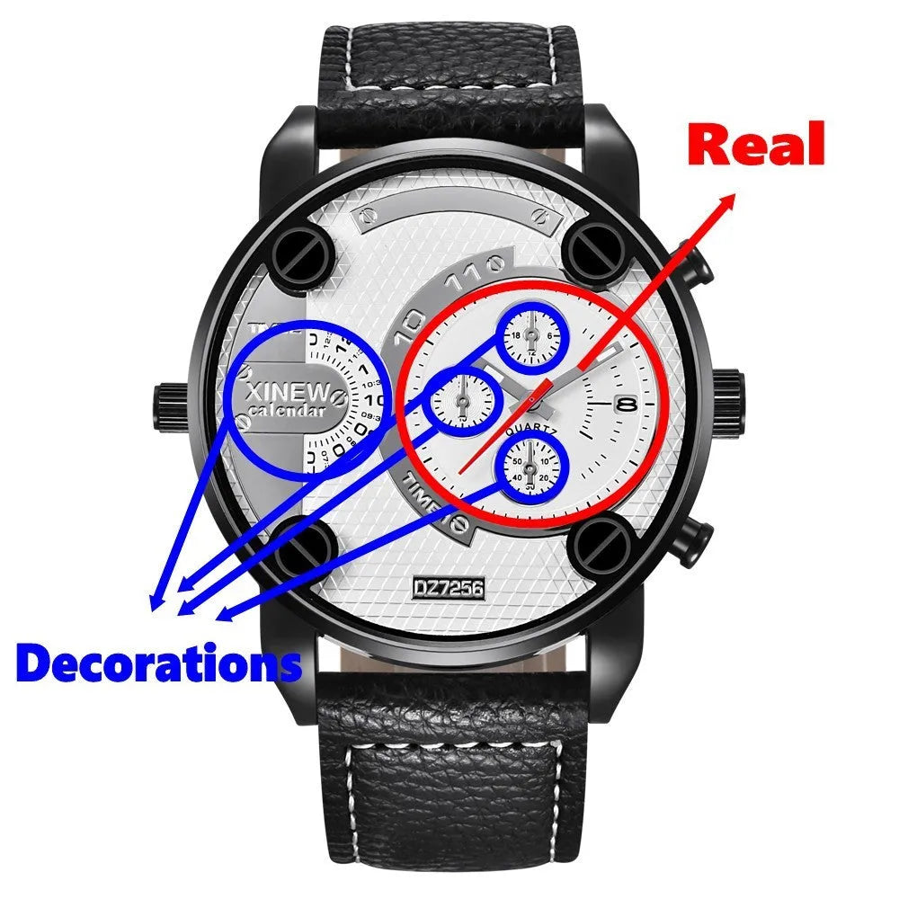 Men's big face watch with leather strap, date display, 5cm dial, 25cm strap, available in black khaki red white