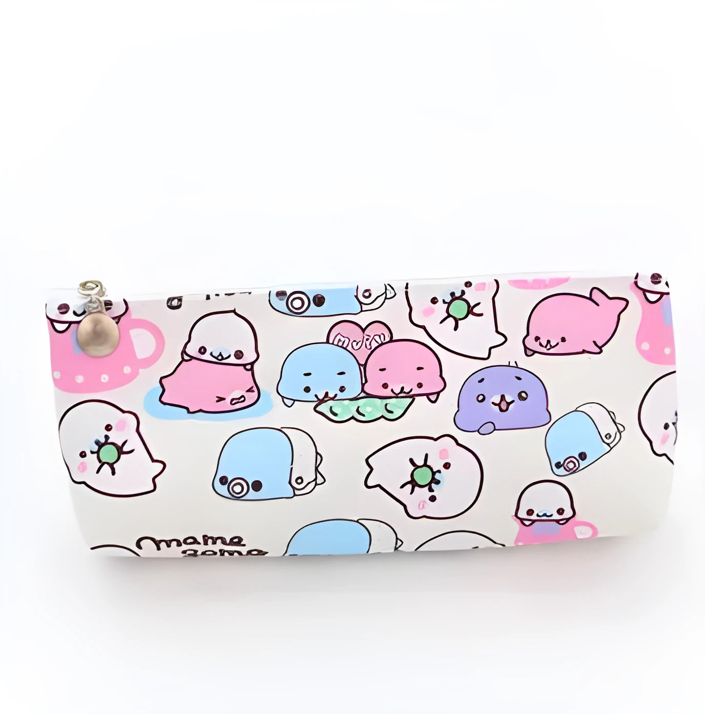 Blue triangle-shaped PU leather pencil case with cartoon pattern and large zipper