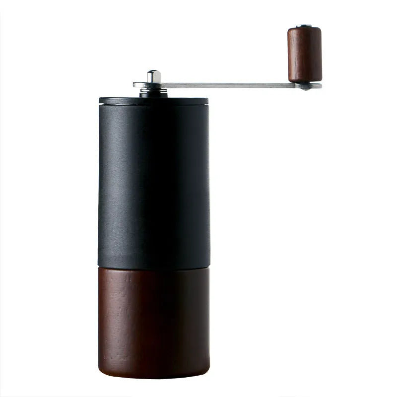 Hand-cranked grinder model YA1467 in black and black walnut wood grain finish, 49mm diameter, 150cm height
