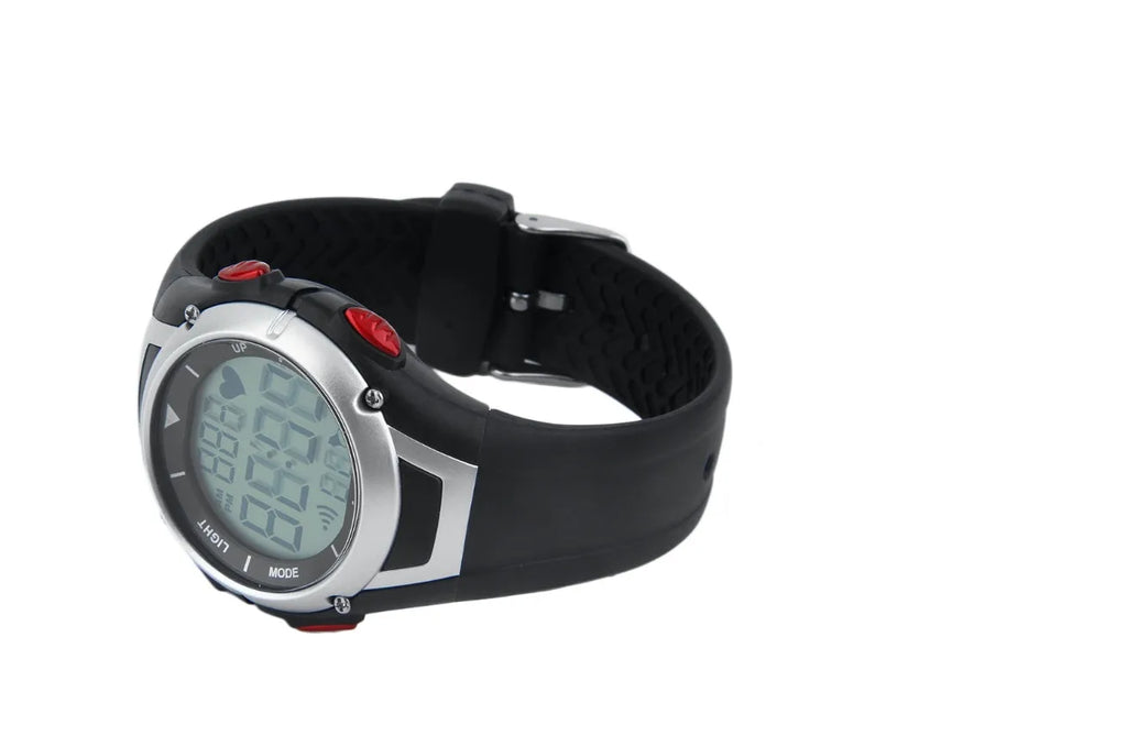 Black heart rate monitor watch with rubber strap and round dial, waterproof to 3 metres with chest strap