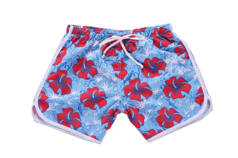Men's short beach pants in Blue Flower colour, loose fit with elastic waist, 95% polyester-cotton quick-drying fabric
