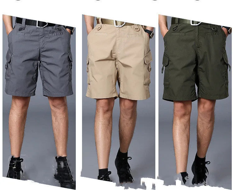 Men's classic tactical shorts in Army Green, Grey, or Khaki, loose fit, middle-waisted, zipper fly, sizes S to XXL