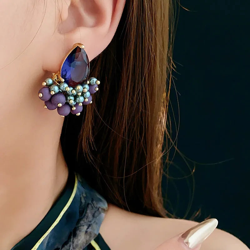 Retro purple water drop tassel earrings with silver needle alloy fitting, one pair