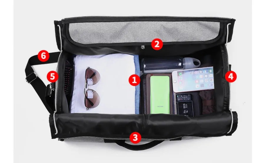 Medium cylindrical travel bag in waterproof Oxford cloth, shown in red with zipper pocket open.
