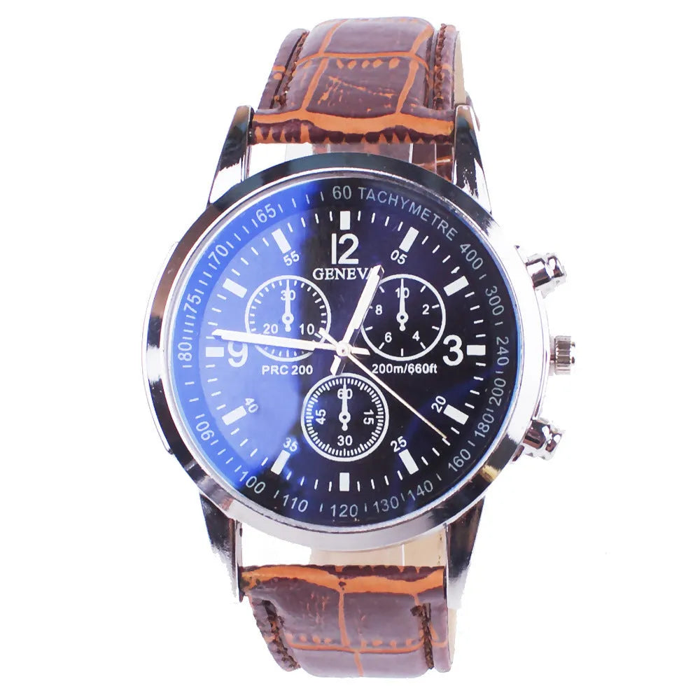Men's quartz watch with alloy case, glass mirror, and blue light dial, 4.2 cm, black brown colour