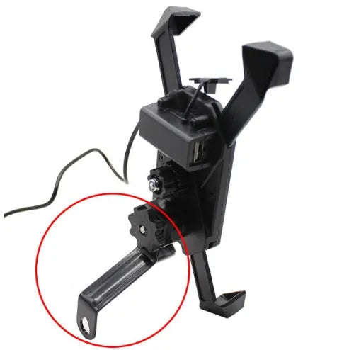 Black ABS motorcycle phone holder with charging port mounted on handlebar with adjustable phone cradle