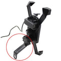 Black ABS motorcycle phone holder with charging port mounted on handlebar with adjustable phone cradle