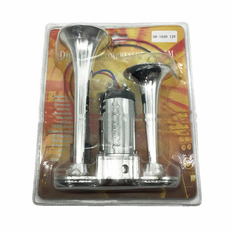Silver double pipe conjoined electric horn with air pump for car and motorcycle modified 12V/24V