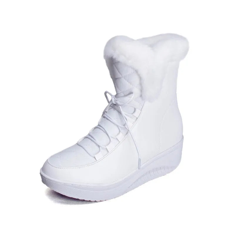 Black lace-up women's winter boots with a platform heel and plush lining on a white background.