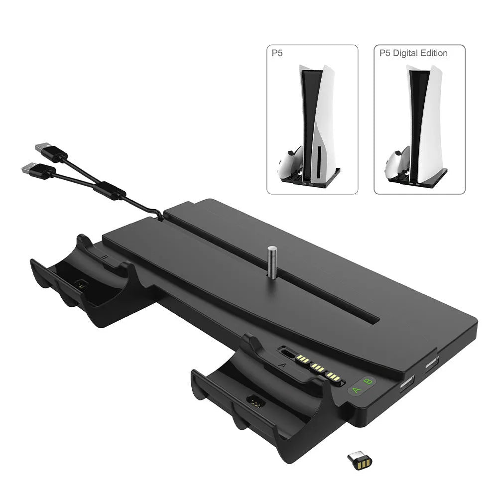 PS5 multi-function charger stand in black with USB cable, holding console and Bluetooth controller