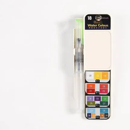 Fan-shaped foldable solid watercolour paint kit with transparent plastic box showing colour selection options