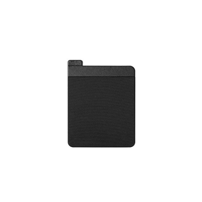 Black adhesive Lycra laptop back storage bag 15x12cm with pen loop, attached to laptop showing items inside