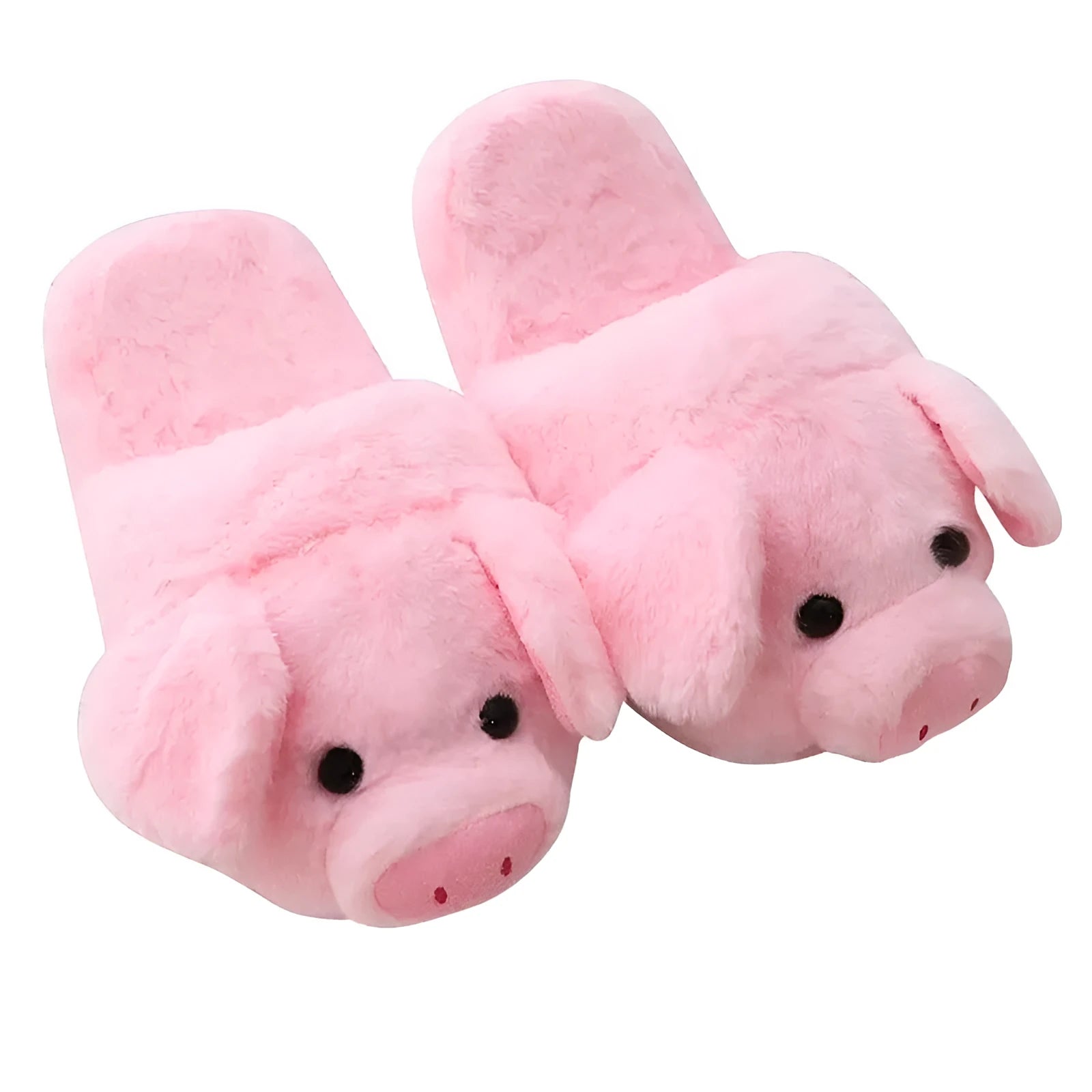 Pink adult pig slippers with short plush lining and a size chart showing international conversions.