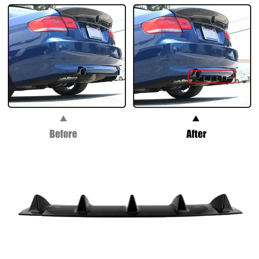 Black universal car modified spoiler rear bumper diffuser with five polyurethane shark fins made from ABS