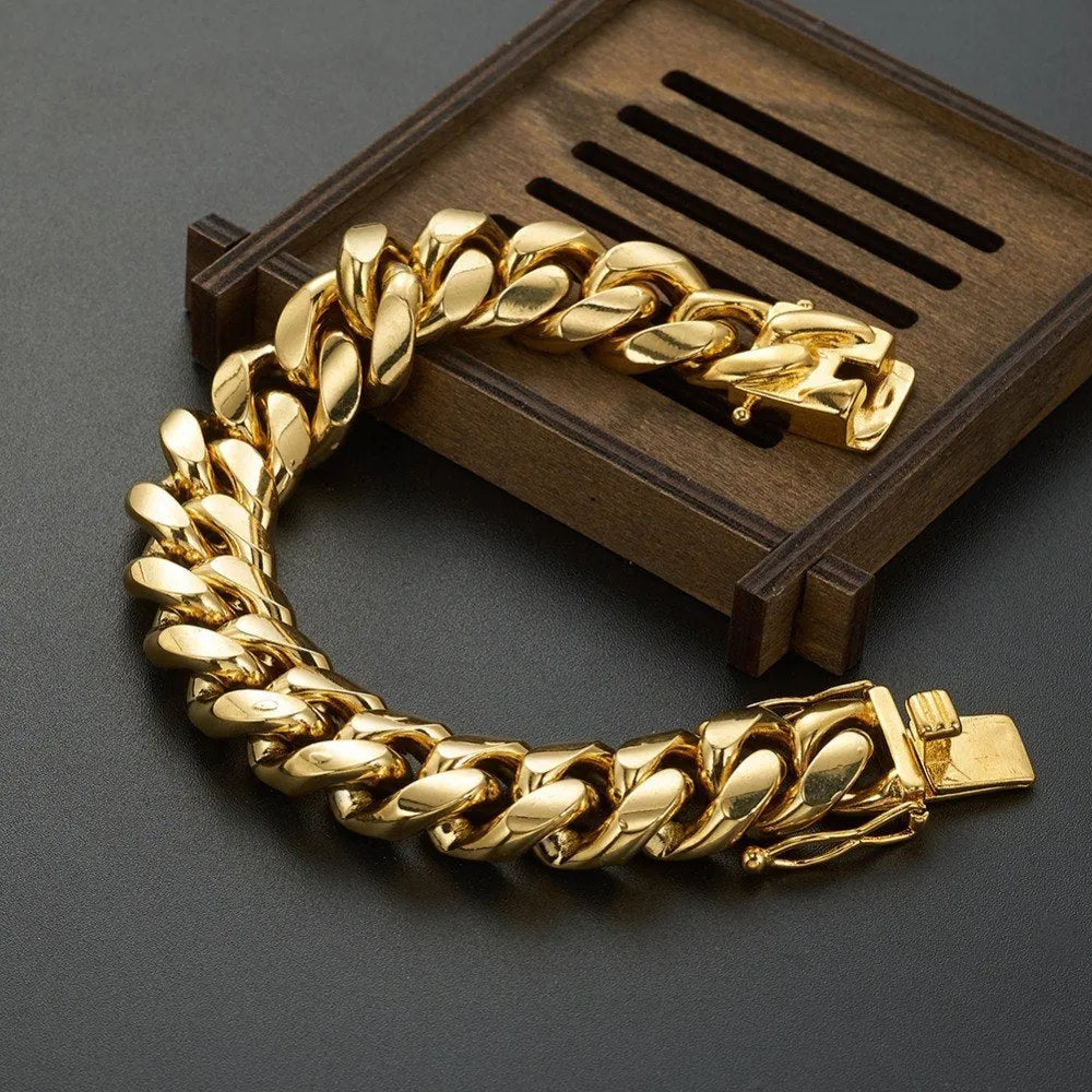 Gold stainless steel Miami Cuban link chain necklace 8mm to 18mm width 18 inch to 36 inch length