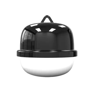 A black GPS tracking unit attached to an adjustable nylon dog collar, showing an LED light.