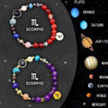 Set of twelve beaded bracelets with coloured gemstone stones on a table, showcasing stainless steel clasps.