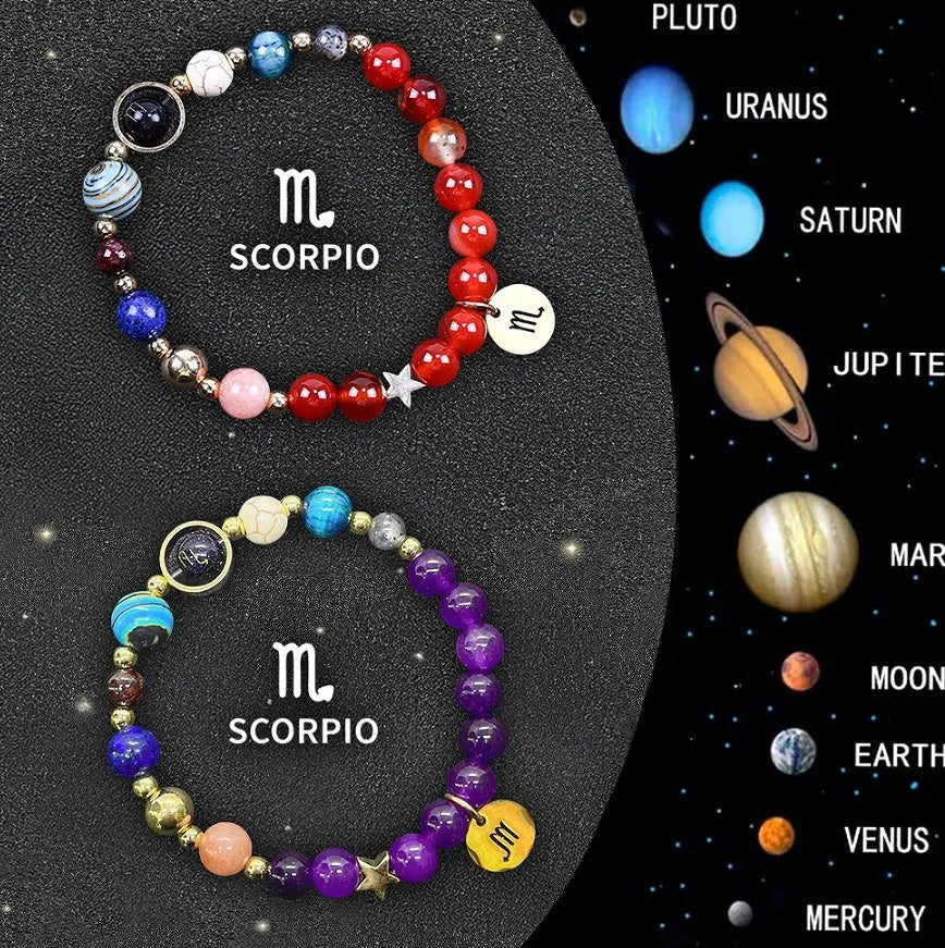Set of twelve beaded bracelets with coloured gemstone stones on a table, showcasing stainless steel clasps.