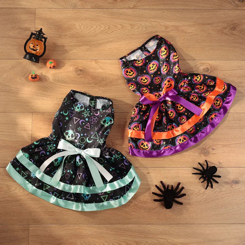 Halloween dog skirt in colourful pumpkin print, double-layer design, shown on a medium-sized dog.