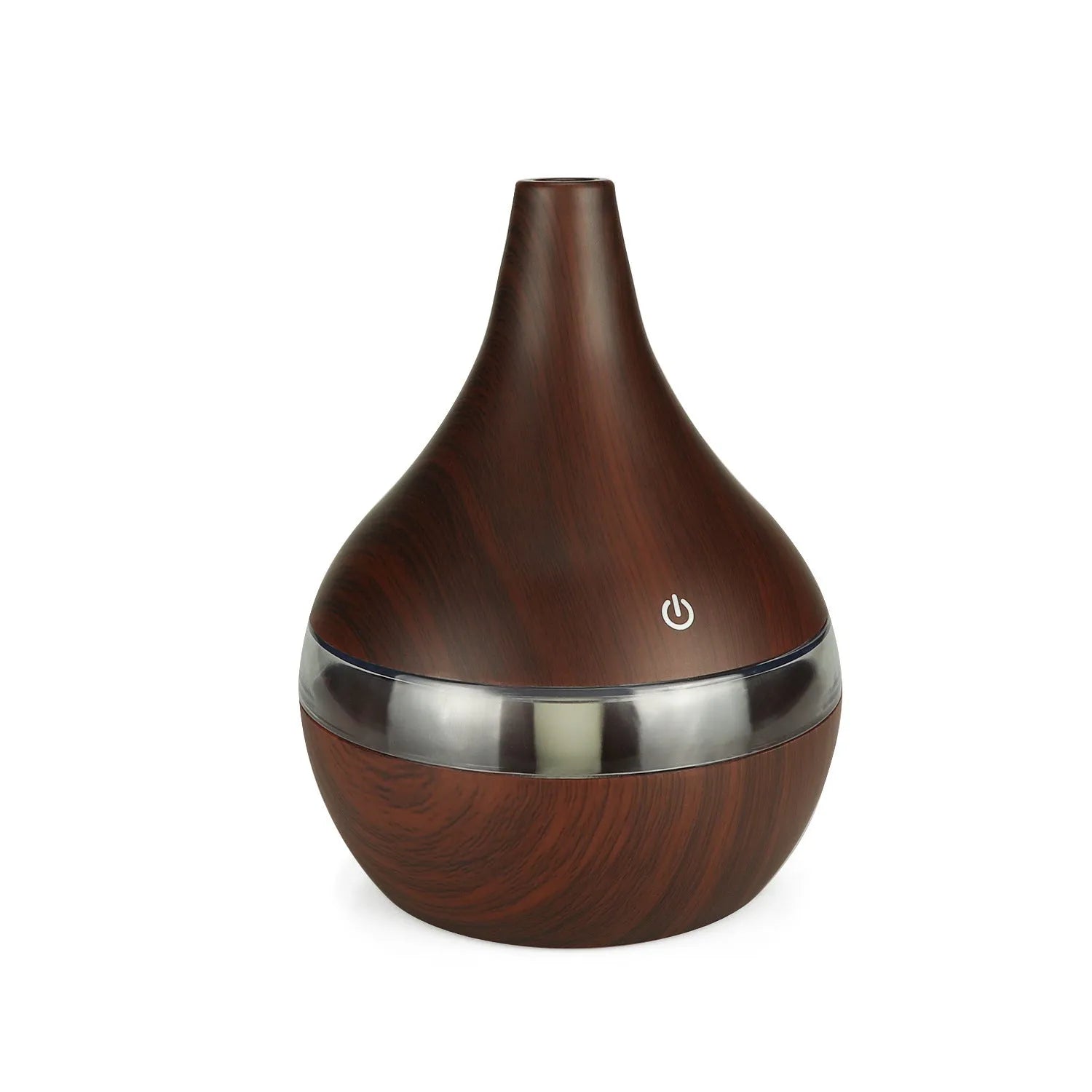 Columnar USB mini air purifier and humidifier in wood grain finish on a desk
