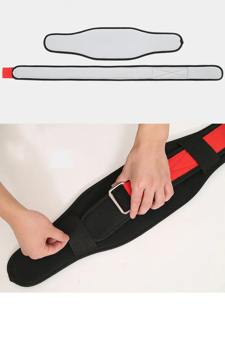 Nylon fitness weightlifting waistband in black, red, or yellow colours on a plain background.