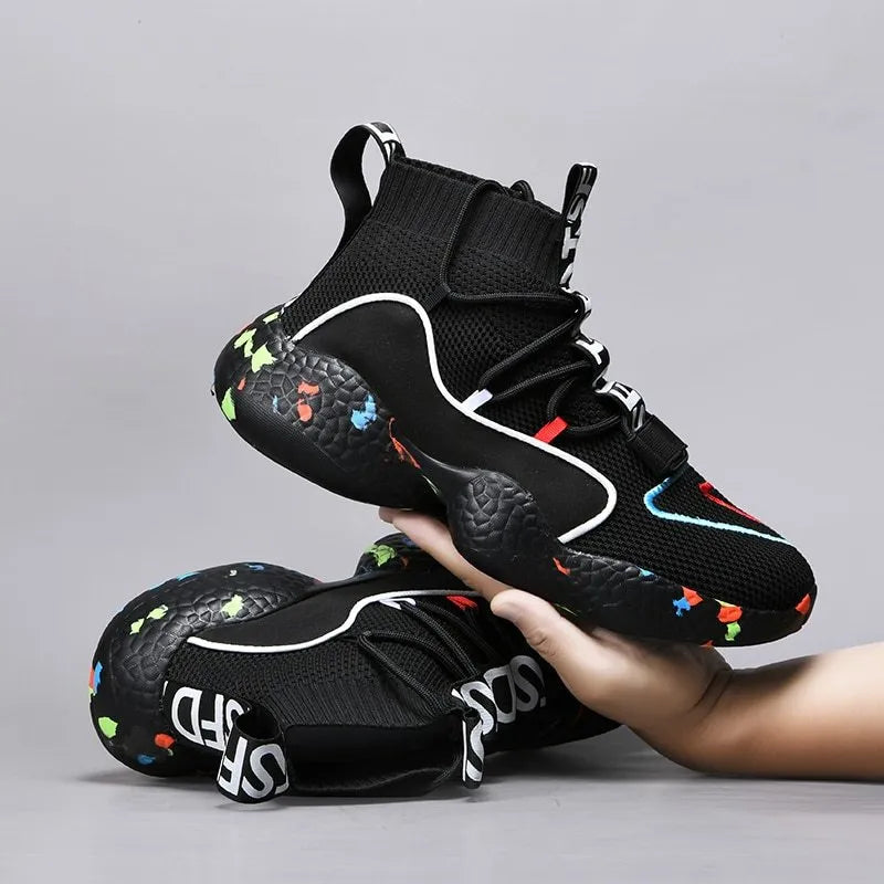 Men's camouflage pattern sneakers with mesh upper and flat rubber sole shown in black and white colour options.