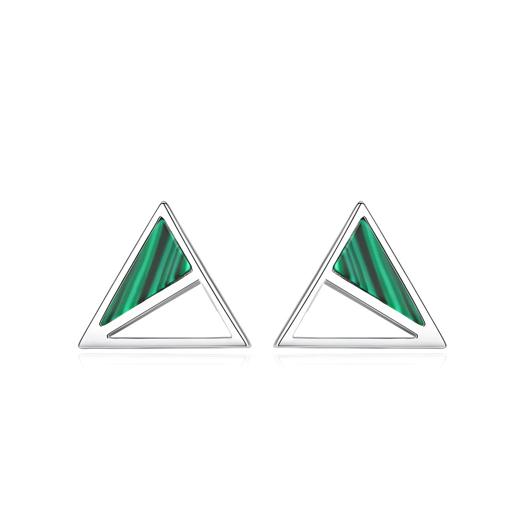Pair of green malachite stud earrings in pure silver with geometric Korean-style design