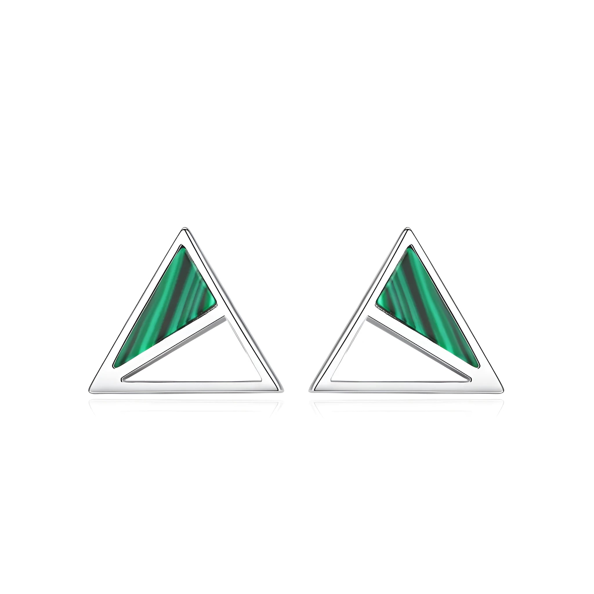 Pair of green malachite stud earrings in pure silver with geometric Korean-style design