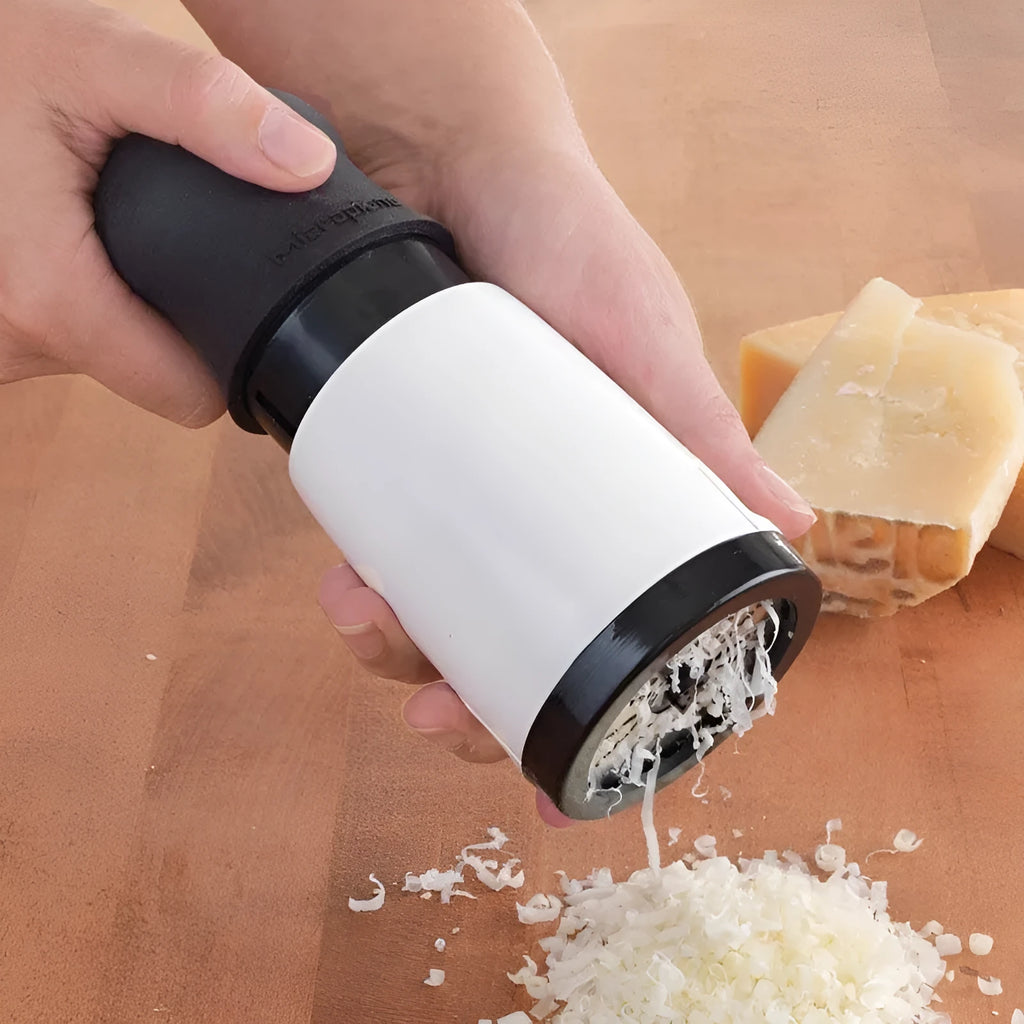 Stainless steel rotary cheese grater in black and white, 17cm tall, with two blades for grating chocolate and cheese