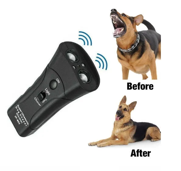 Black ABS ultrasonic dog repeller and training flashlight, 14cm x 6cm x 3cm, 130dB, 20m range