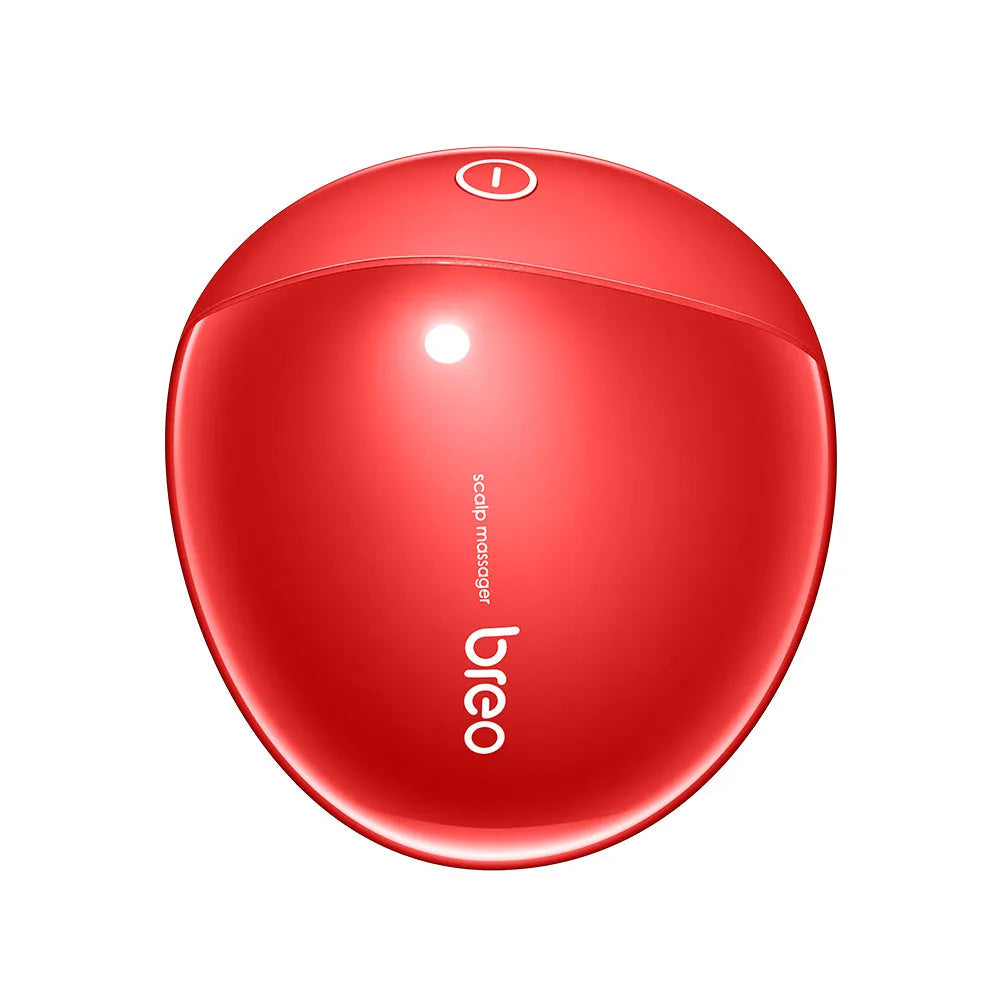 Red handheld scalp massager with silicone nodes measuring 110x120x82mm