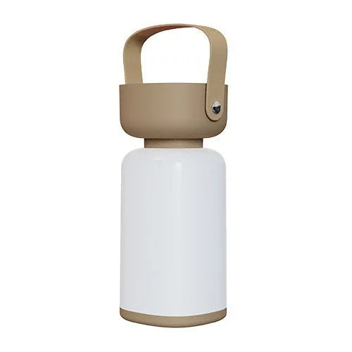Portable LED camping lantern with USB charging, waterproof design, available in blue or brown, compact modern style.