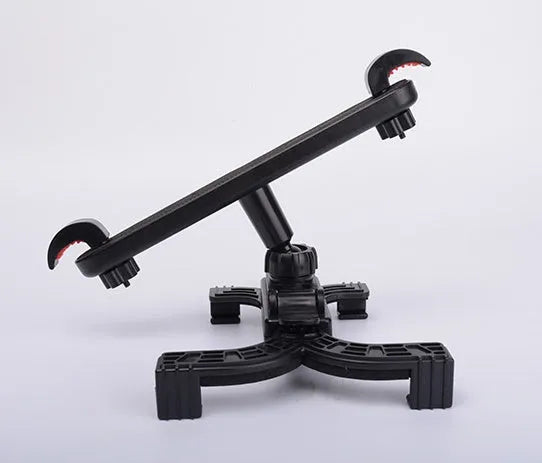 Black universal car headrest tablet holder with adjustable mount for rear seat passengers.