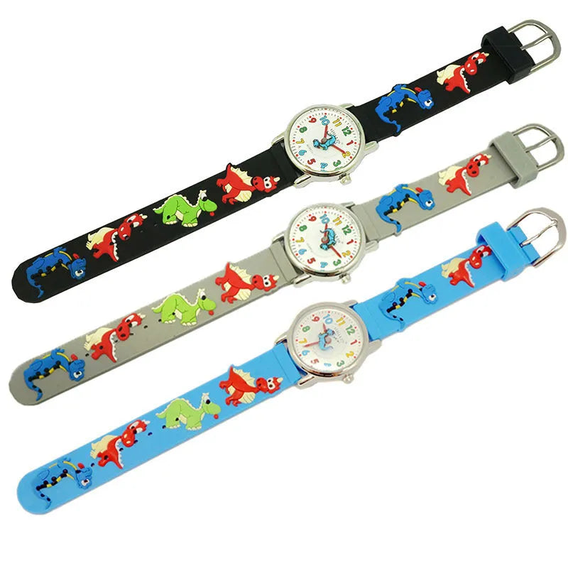Children's dinosaur cartoon watch with round dial, PVC strap, available in multiple colours.
