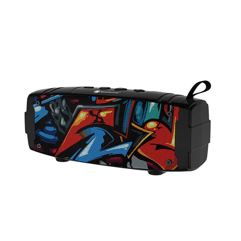 Portable Bluetooth speaker in various colours showing front grille and control buttons.