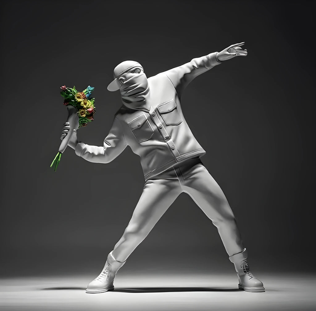 Banksy Throw Flower Boy sculpture decoration, 44cm polystone statue in black or white