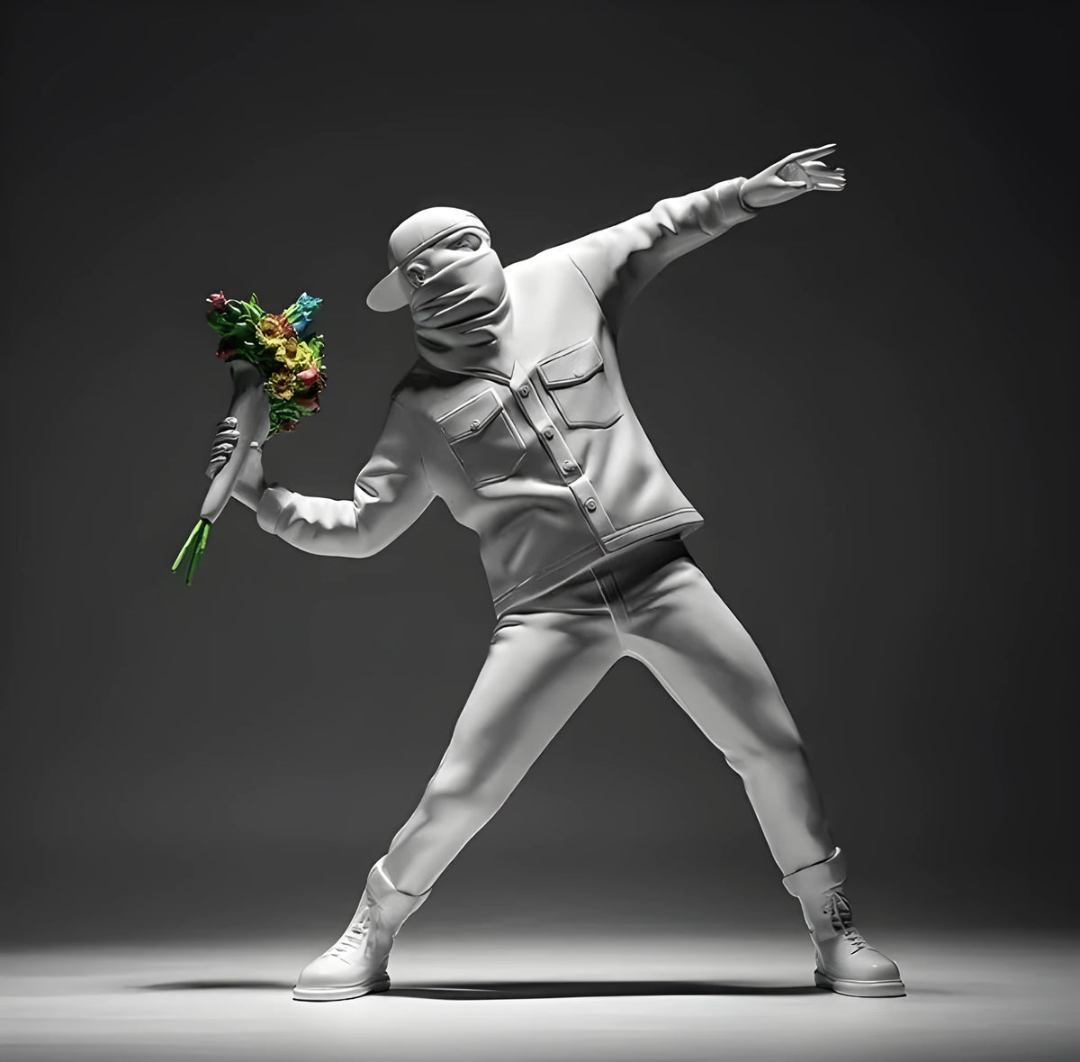 Banksy Throw Flower Boy sculpture decoration, 44cm polystone statue in black or white
