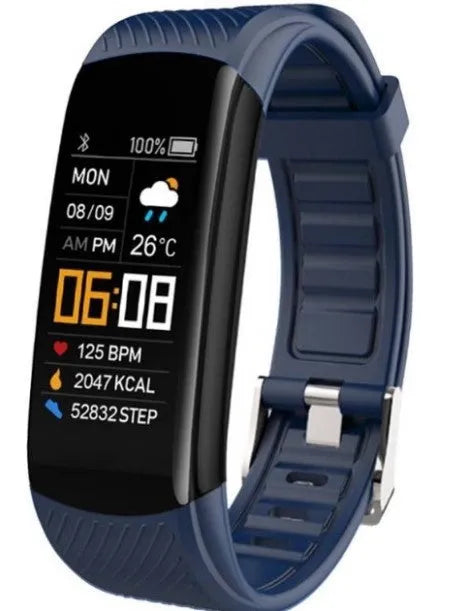 Adult sports silicone pedometer bracelet with a 0.96-inch touchscreen display on a wrist.