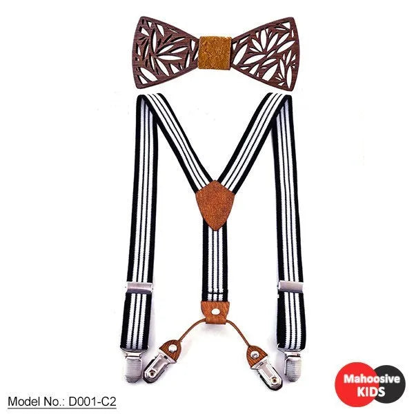 Children's wooden bow tie set with striped suspenders and belt on a boy for wedding