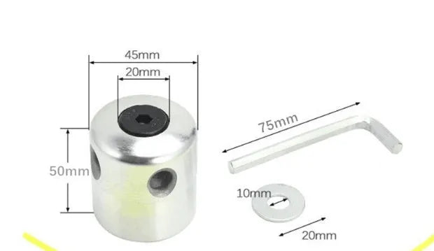 Silver aluminium lawn mower trimmer head with four light yellow grass lines, wrench, and gasket.