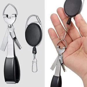 Black fishing pliers kit with scissors and quick knot tool on a white background, 8.5cm long