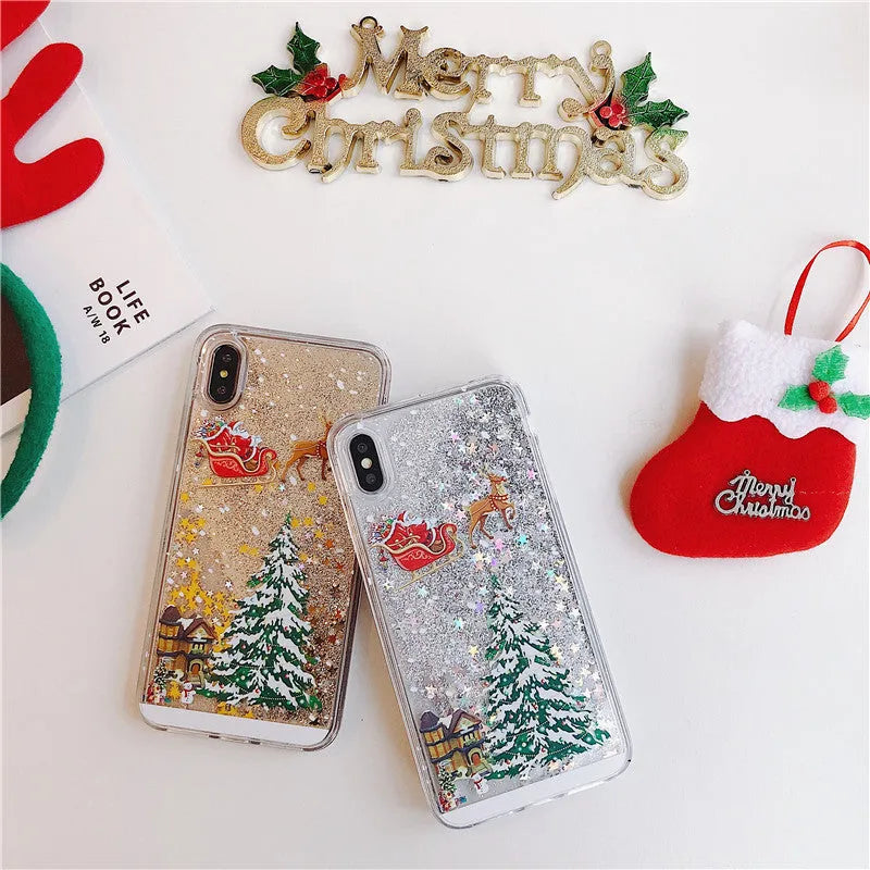 Christmas quicksand design phone case showing Santa Claus and tree patterns through transparent layers