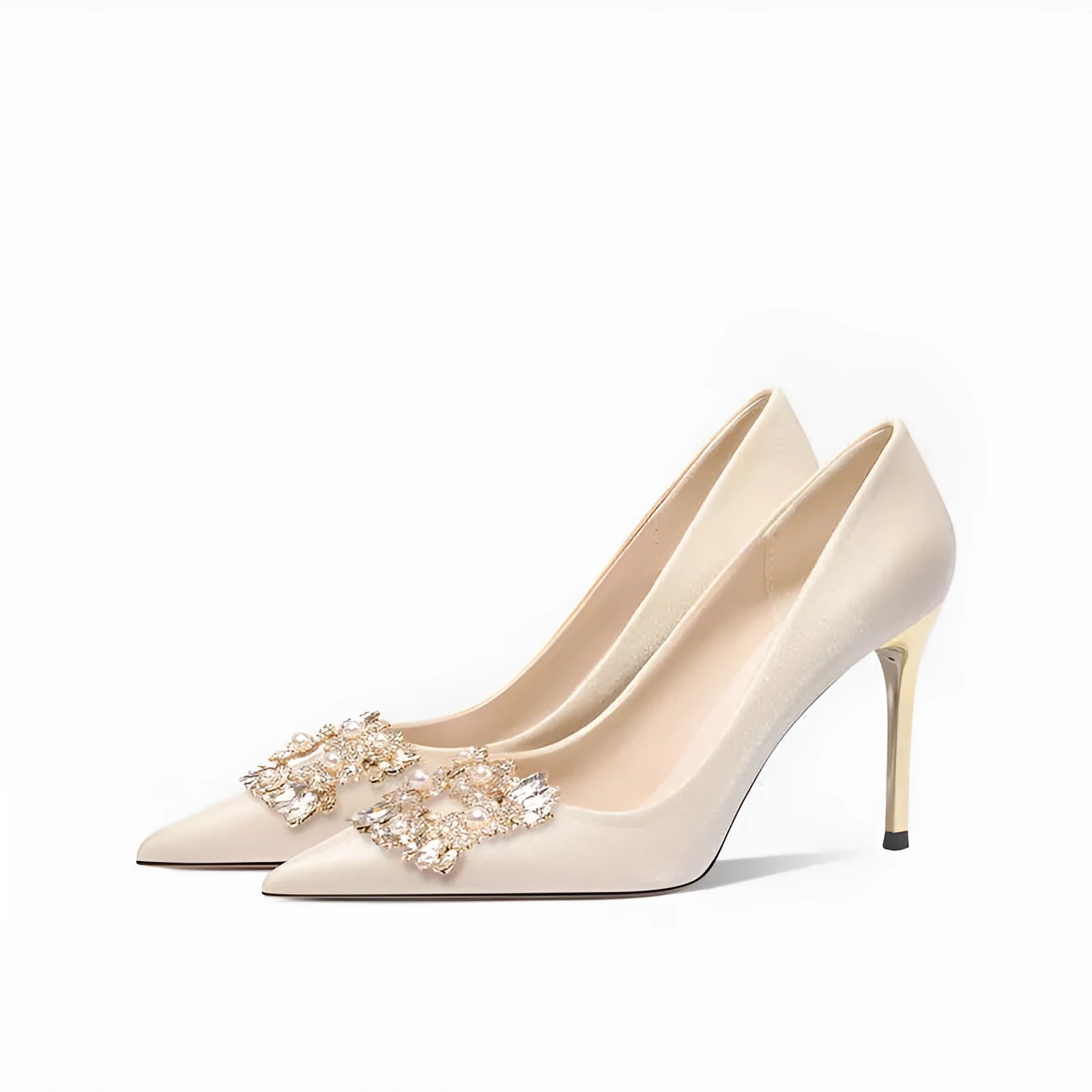French crystal bridal high heel pumps with rhinestones on a cloth upper and pointed toe.