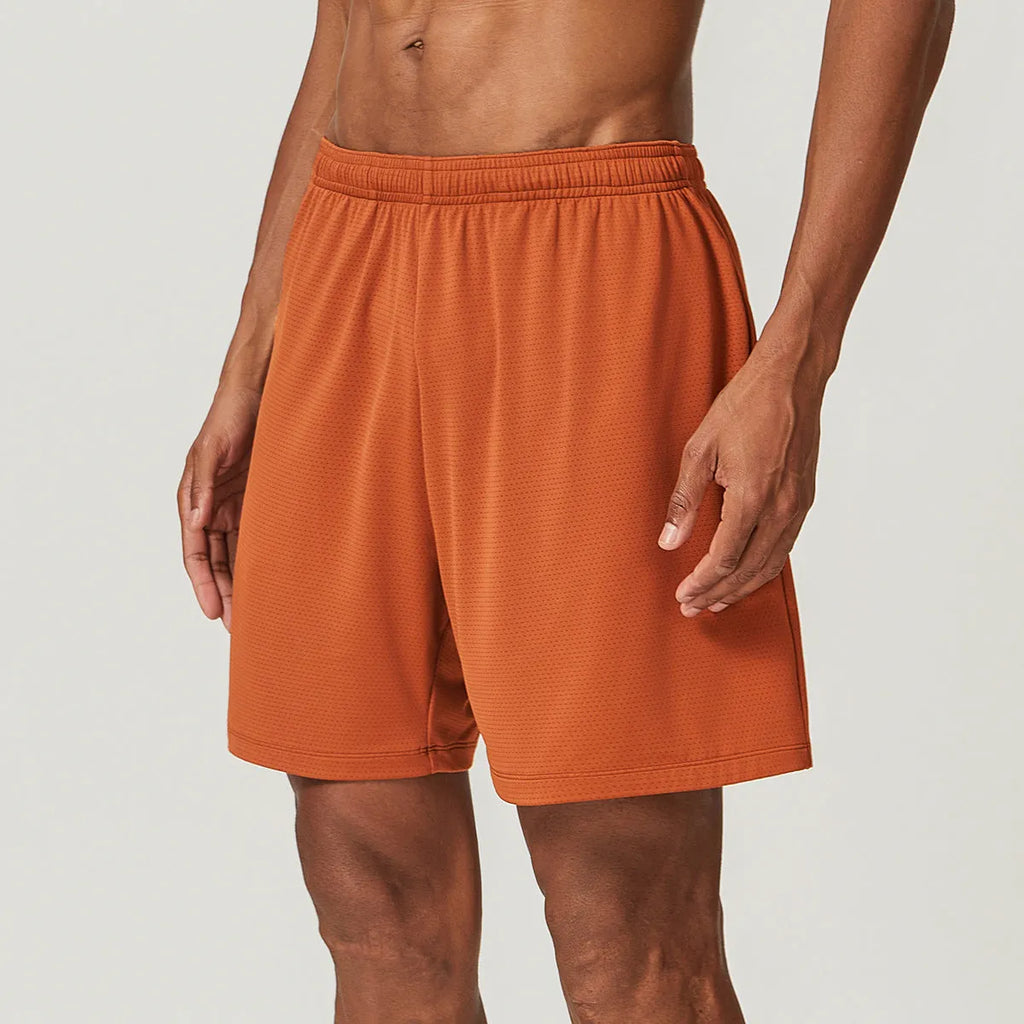 Men's sky green double-layer running shorts with mid waist and shorts length on a plain background.