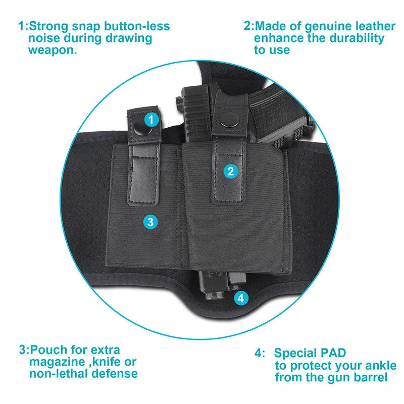 Black neoprene invisible ankle holster for universal pistol with 200g weight and 18x16x13cm dimensions