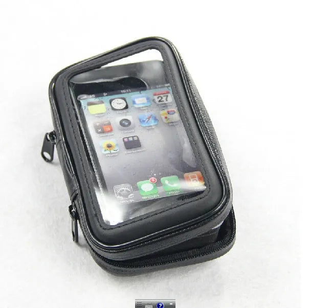Waterproof bicycle phone holder mounted on handlebars with transparent touch screen window, three size options for 4.7 to 6.3 inch smartphones