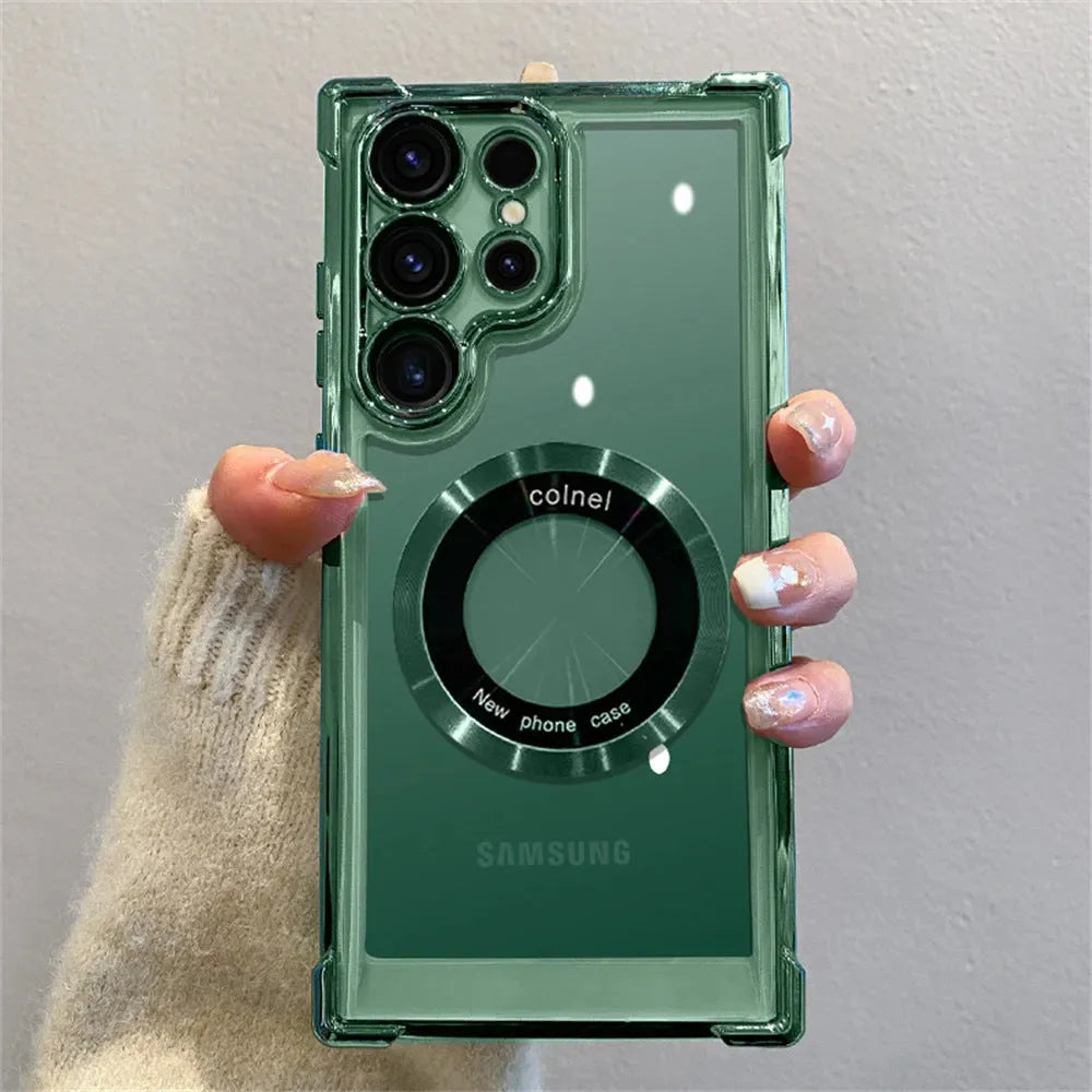 Hard TPU acrylic PC phone case with magnetic suction and electroplating finish for Samsung S23 Ultra, transparent back, colour Black