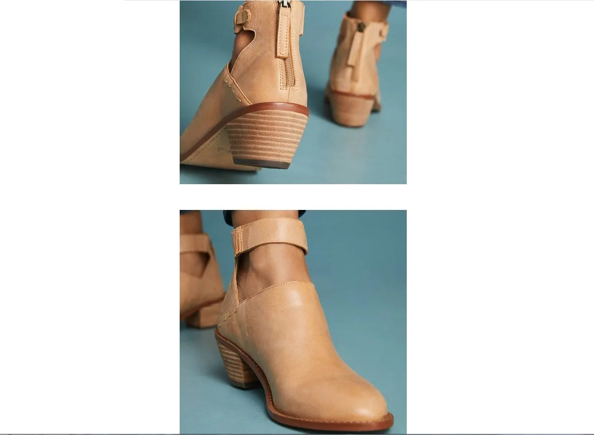 Women's cut out booties with buckle strap and back zipper in black, side view showing vintage round toe and 3-5cm heel